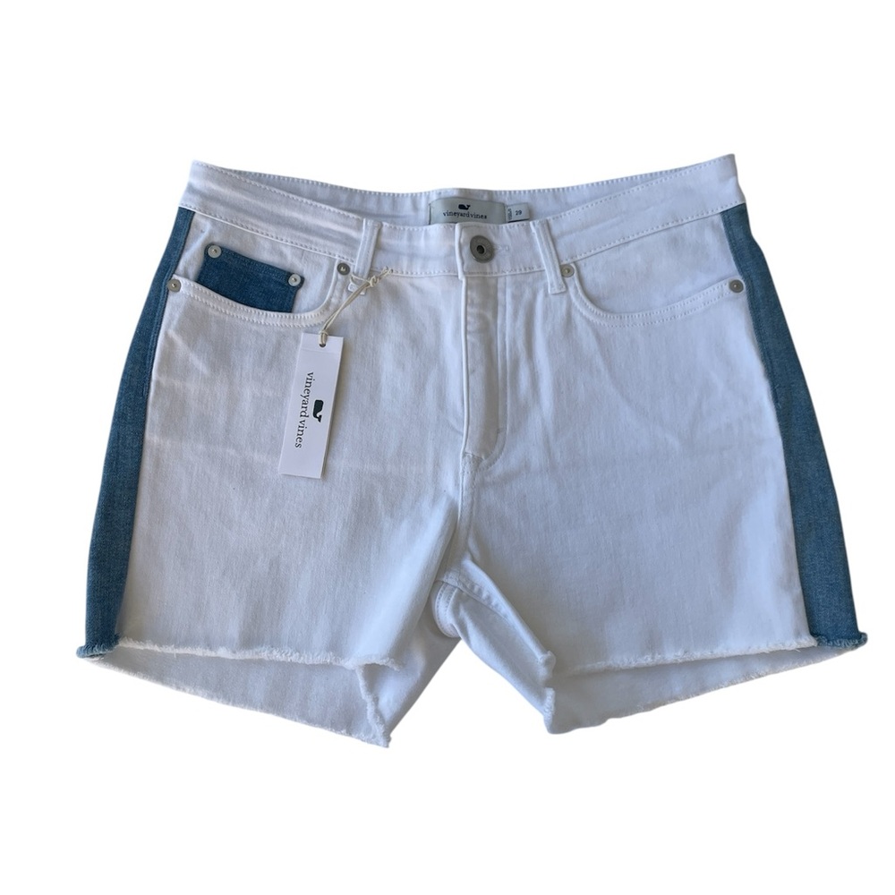 Vineyard Vines White Denim Shorts Bue Inserts Fringed 5 Pocket Size 29 NWT